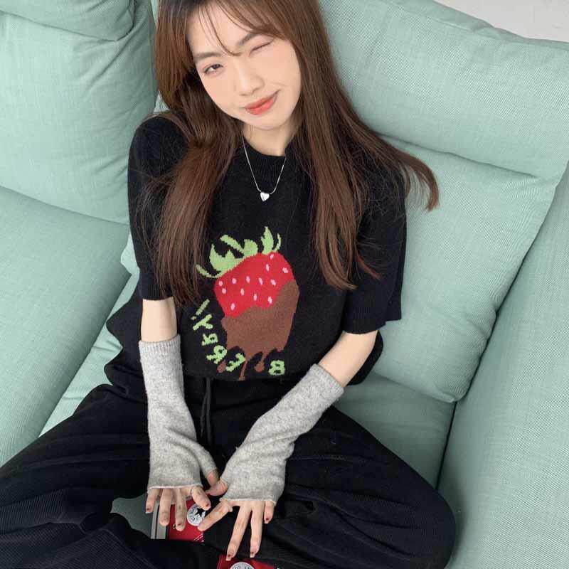 极速可爱粉色水果系列针织短袖毛衣女2026春秋季韩版宽松洋气T恤