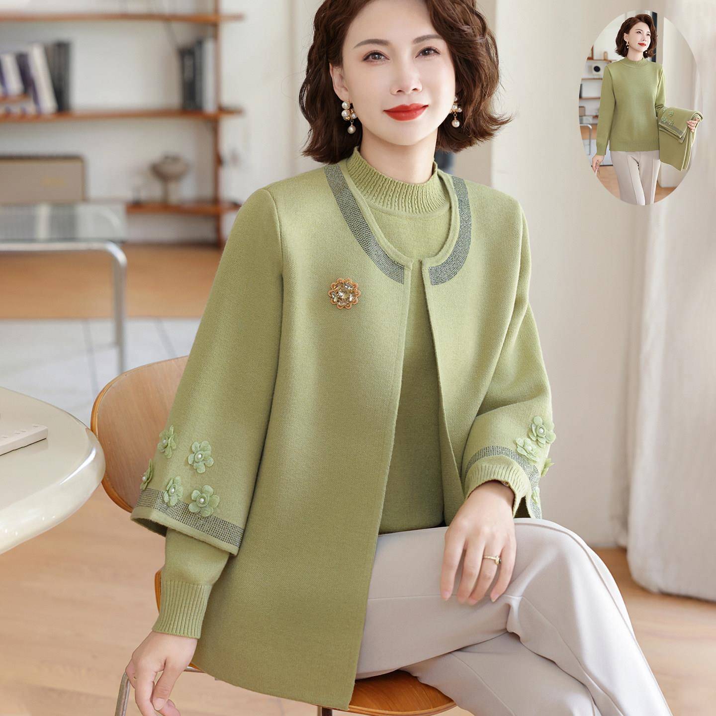 极速2026新款妈妈秋装洋气上衣两件套中老年女装打底毛衣针织开衫