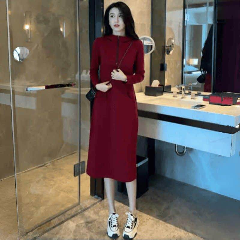 极速气质时尚连衣裙女士春秋新款休闲百搭半拉链打底裙收腰显瘦中
