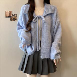 推荐巨好看刺绣蓝色毛衣外套女春秋冬大码胖mm慵懒高级感针织开衫