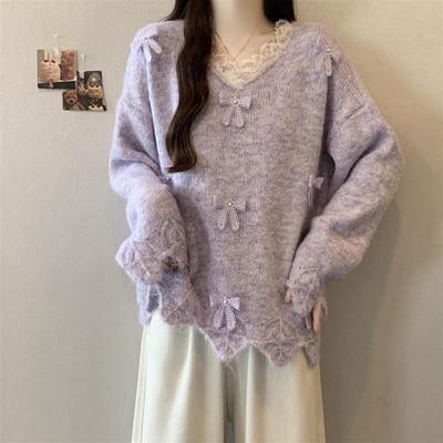 蕾丝蝴蝶结V领紫色毛衣女