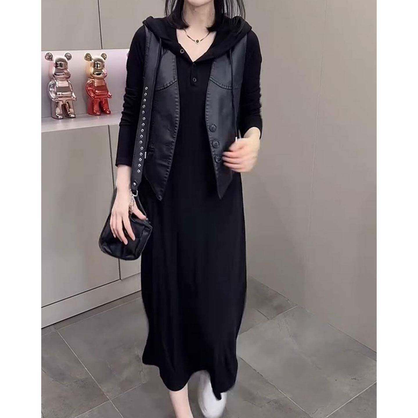 极速时尚气质妈妈套装女2026秋季新款显瘦百搭马甲+连帽连衣裙两