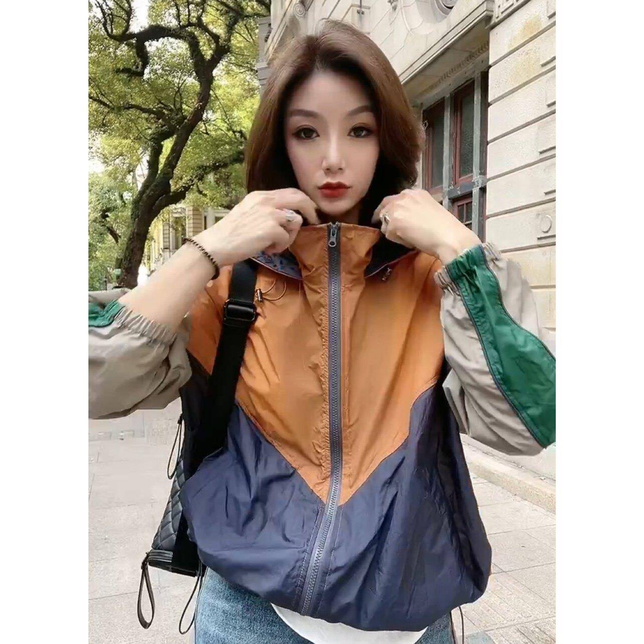 极速轻薄款冲锋衣外套女秋季欧货撞色拼接连帽立领开衫防晒棒球服