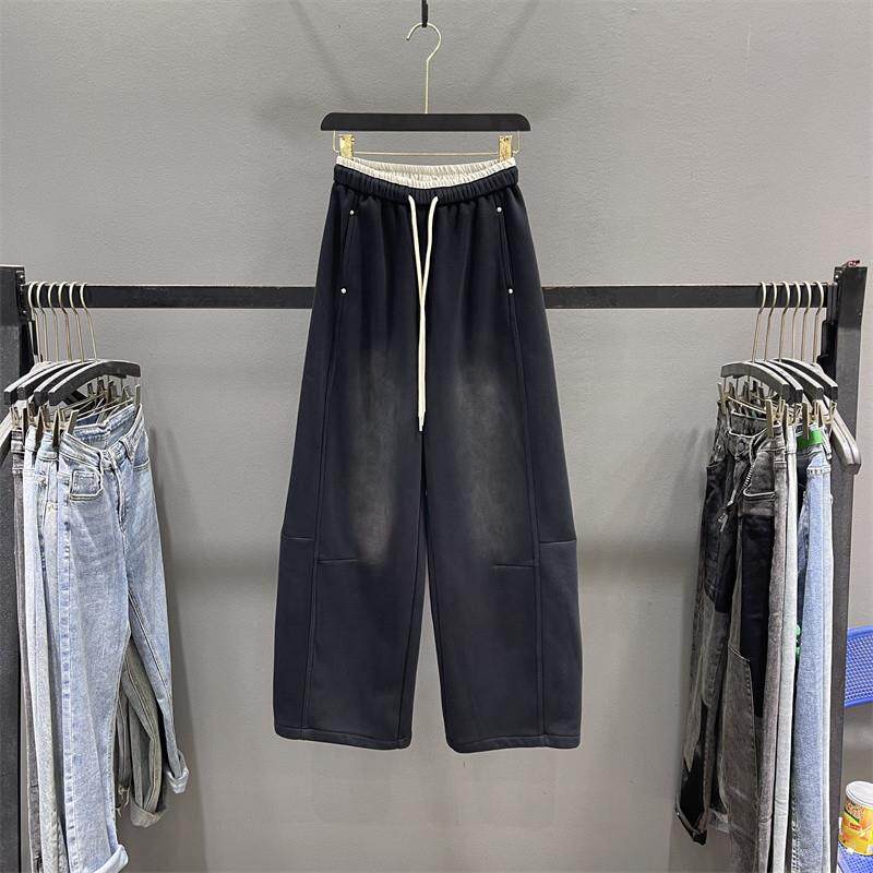 推荐大码美式撞色扎染弯刀卫裤女春秋季胖mm300斤宽松休闲阔腿香