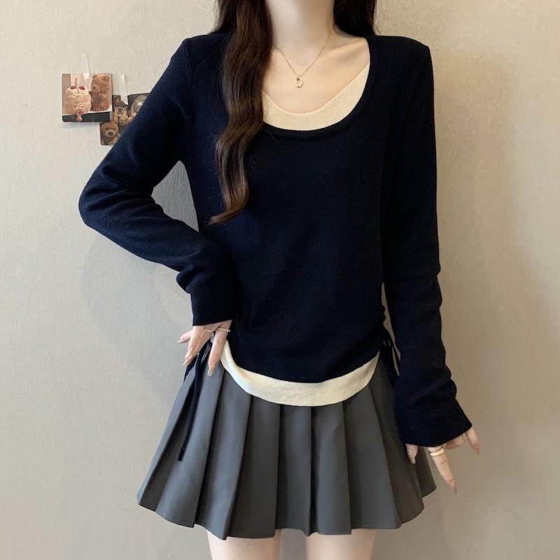 推荐法式正肩撞色假两件针织打底衫女秋季大码胖mm显瘦修身设计感,女装/女士精品,毛针织衫,淘宝优惠券,粉丝福利购,淘宝优惠卷