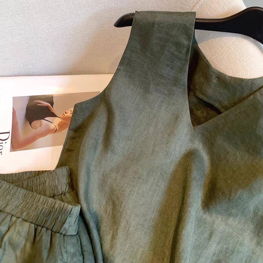 极速【正反两穿棉麻套装】老钱风无袖上衣女短裤亚麻气质减龄显瘦