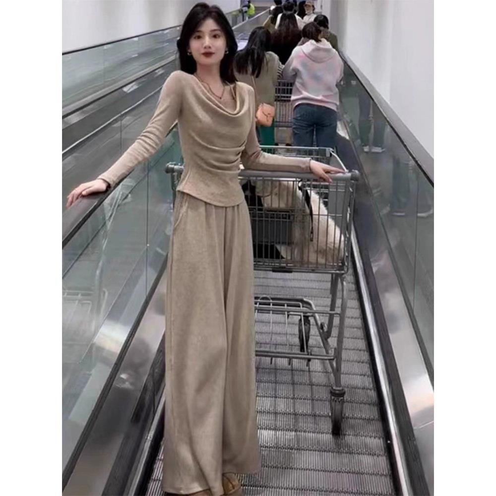 极速早春季搭配一整套装女假两件修身上衣直筒垂感阔腿裤子休闲两