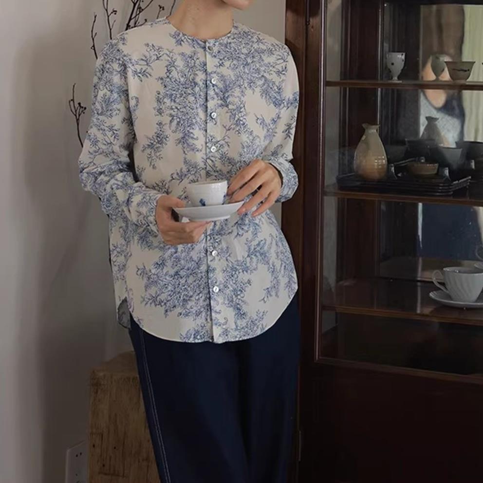 极速新中式国风印花上衣2026春季新款女装纯棉圆领衬衫女长袖外搭