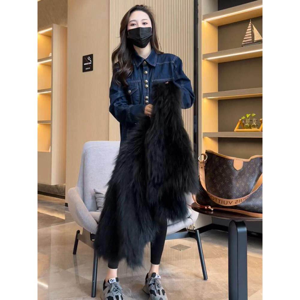 极速复古叠穿软牛仔衬衫女春秋中长款小个子宽松衬衣加绒加厚保暖
