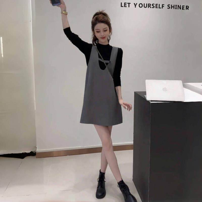 极速小个子时尚套装裙女士春秋新款显瘦减龄长袖打底衫搭背心裙两
