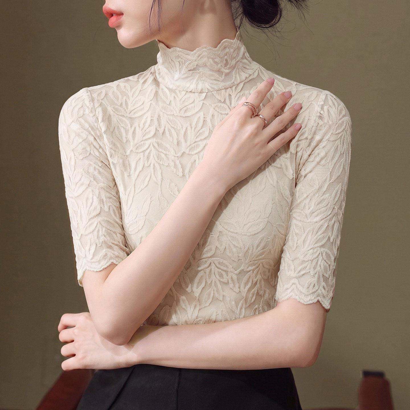 极速高领蕾丝中袖t恤打底衫女春秋内搭小衫修身气质酒红色七分袖