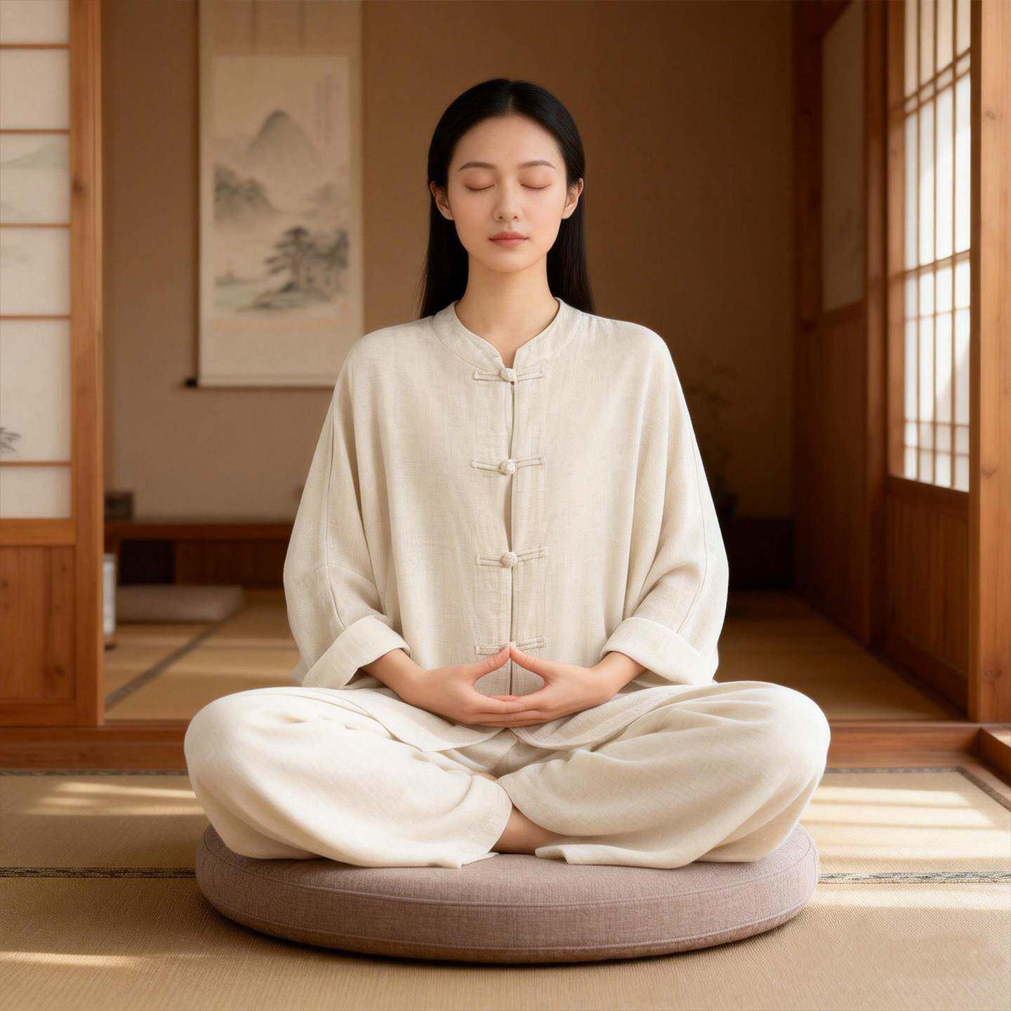 极速佛系禅意中式棉麻开衫素衣茶服女宽松中长款上衣裤子打太极服图片