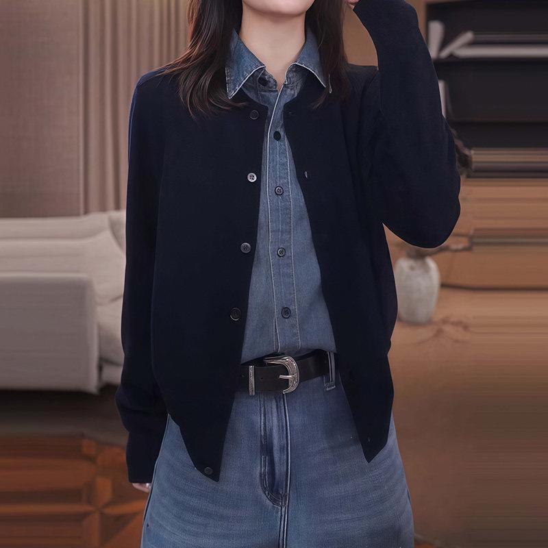 极速藏青色假两件拼接牛仔长袖衬衫女春秋新款高级感衬衣开衫外套