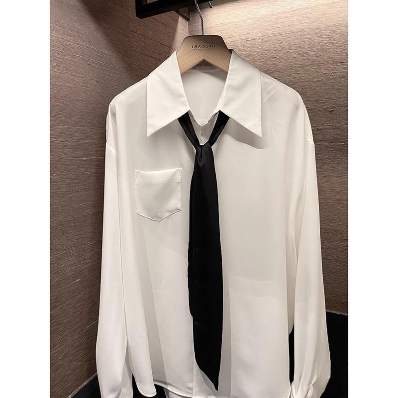 推荐制服领带白衬衫女春秋新款中长款休闲宽松衬衣纯欲学院风气质