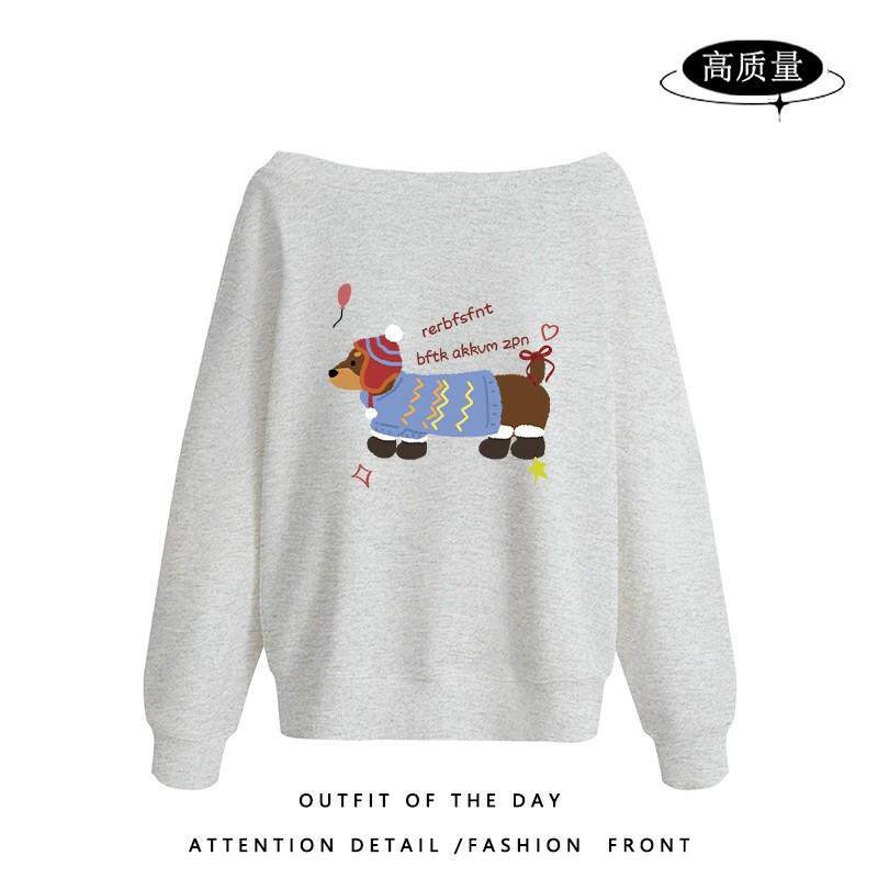 推荐早秋新款白色辣妹斜领卫衣女2025小众设计感宽松显瘦露肩长袖