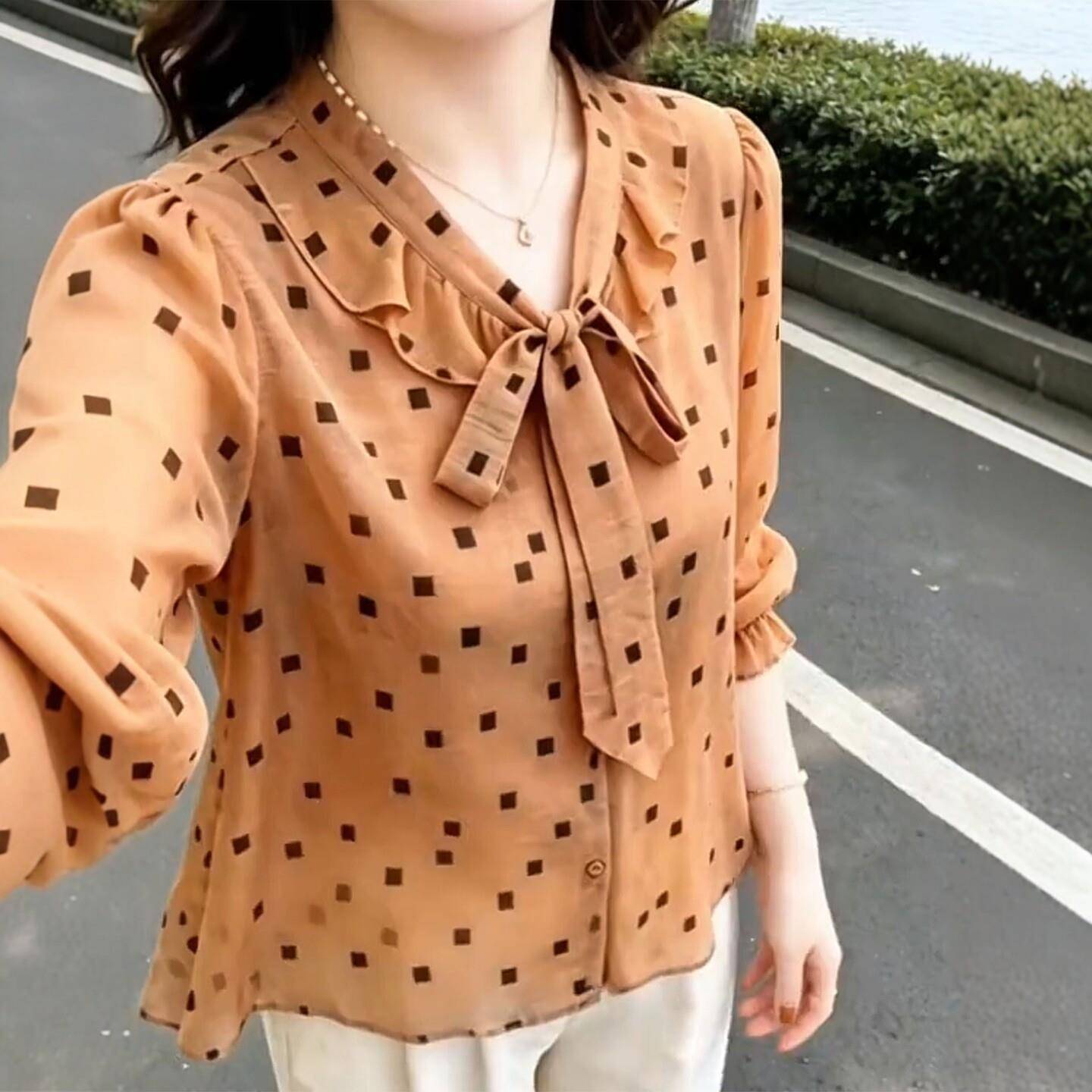 极速波点系带领七分袖衬衫早秋新款M时尚百搭妈妈装气质减龄显瘦