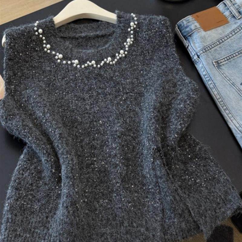 重工钉珠针织背心马甲女叠穿春秋大码胖mm显瘦设计感法式短款上衣