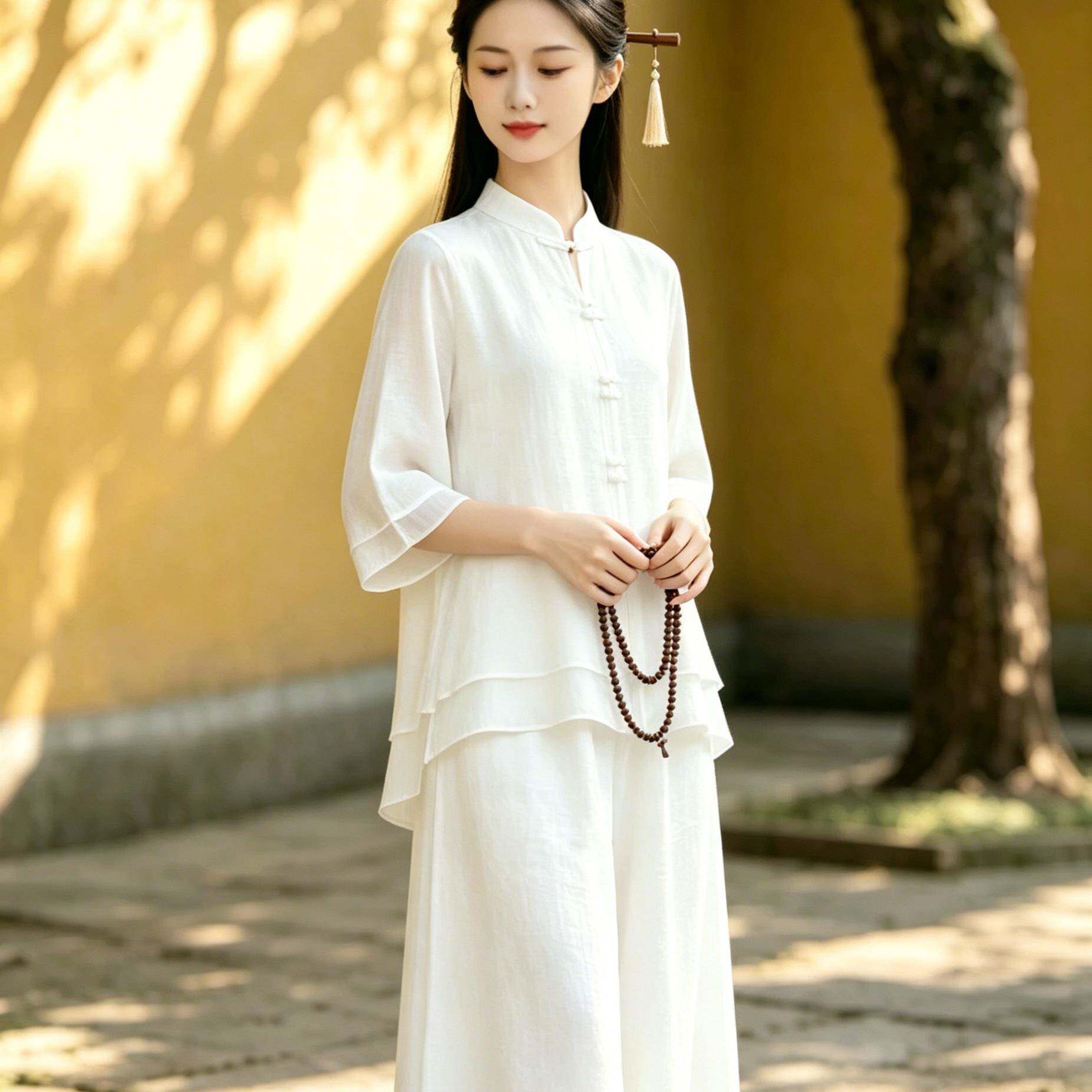 极速新中式禅意棉麻盘扣茶服衬衫套装女仙气太极服禅修服阔腿裤两