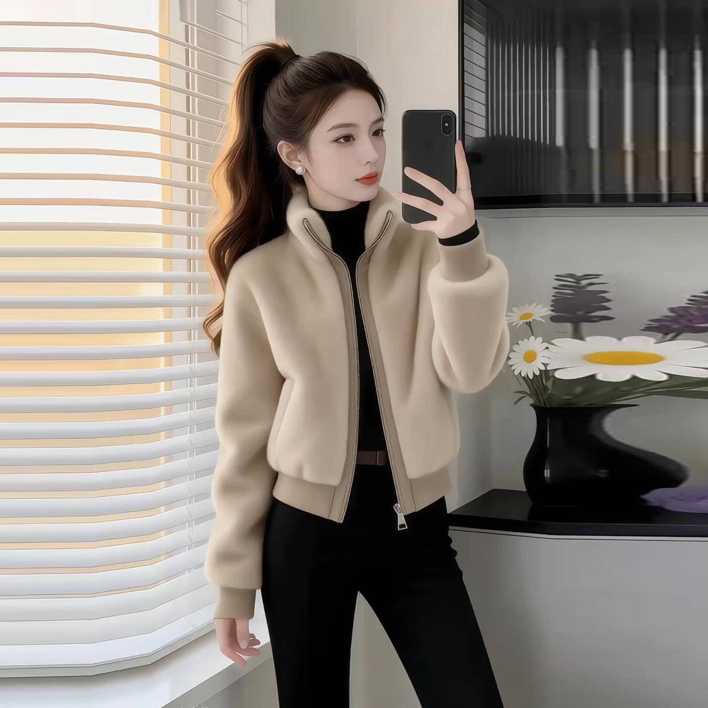 极速时尚仿水貂绒短款外套女秋冬新款洋气显瘦小个子百搭立领毛绒