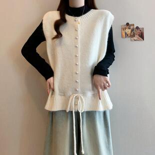 推荐针织开衫背心马甲女叠穿春秋2025大码胖mm显瘦设计感抽绳收腰