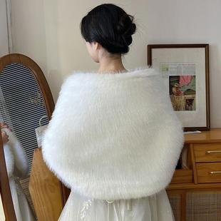 结婚纱旗袍毛毛一字肩仿水貂毛冬天披肩新娘结婚直播保暖外搭