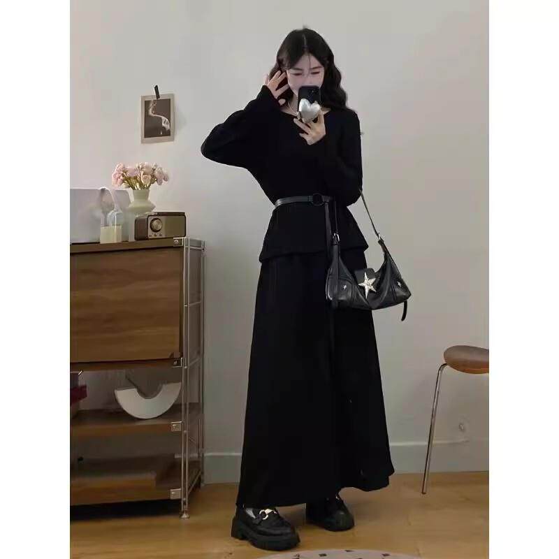 推荐大码女装2025秋季超火搭配一整套高级感黑色收腰针织衫两件套