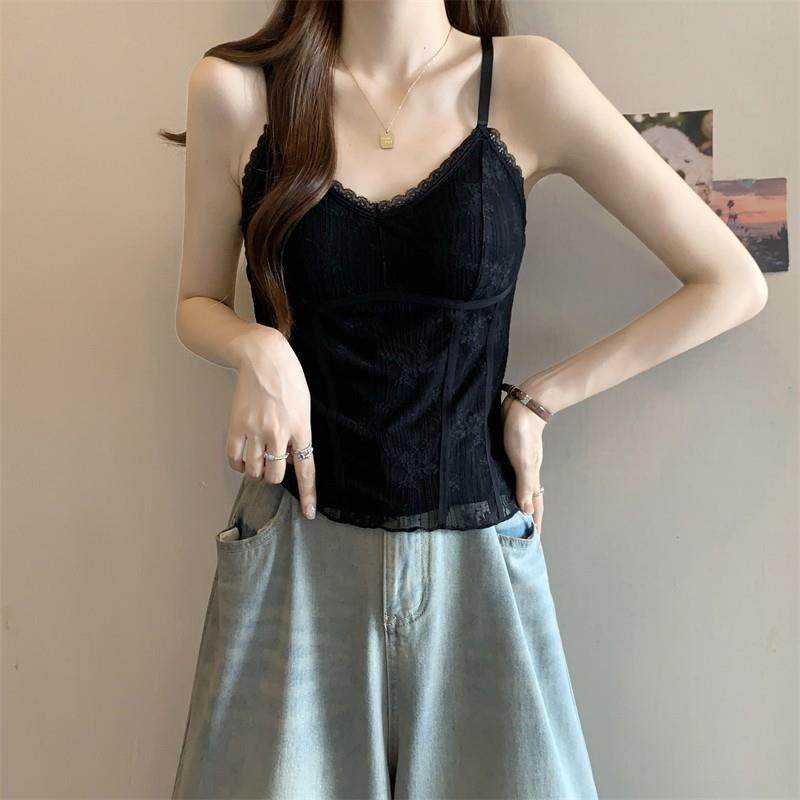 推荐绝美漂亮鱼骨蕾丝美背吊带背心女早秋大码胖mm带胸垫内搭外穿