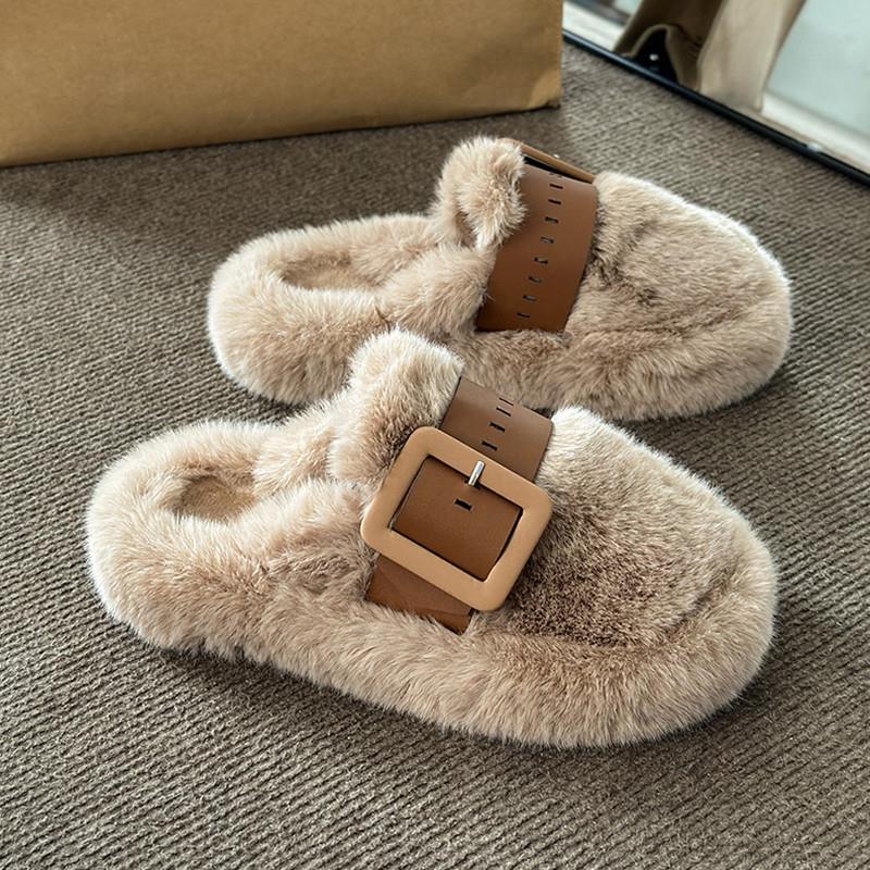 推荐皮带扣勃肯毛毛拖鞋女