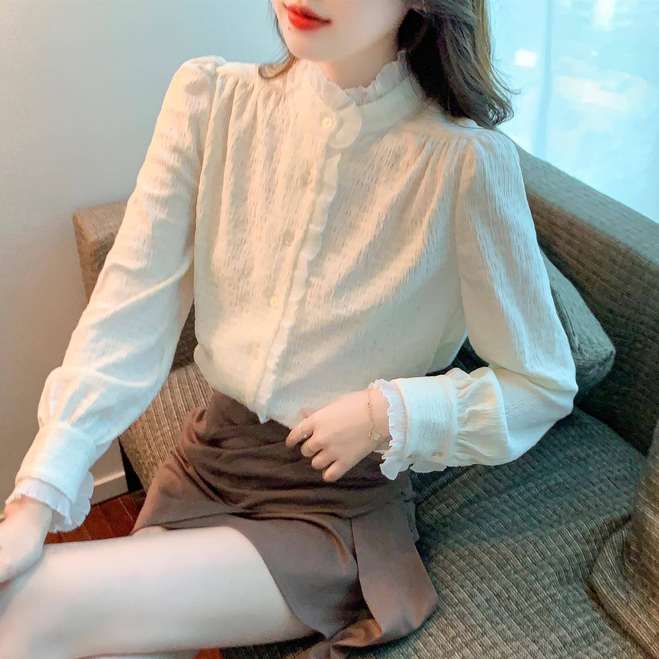 极速春秋季2026新款洋气高档立领加绒雪纺衬衫女士气质减龄蕾丝小