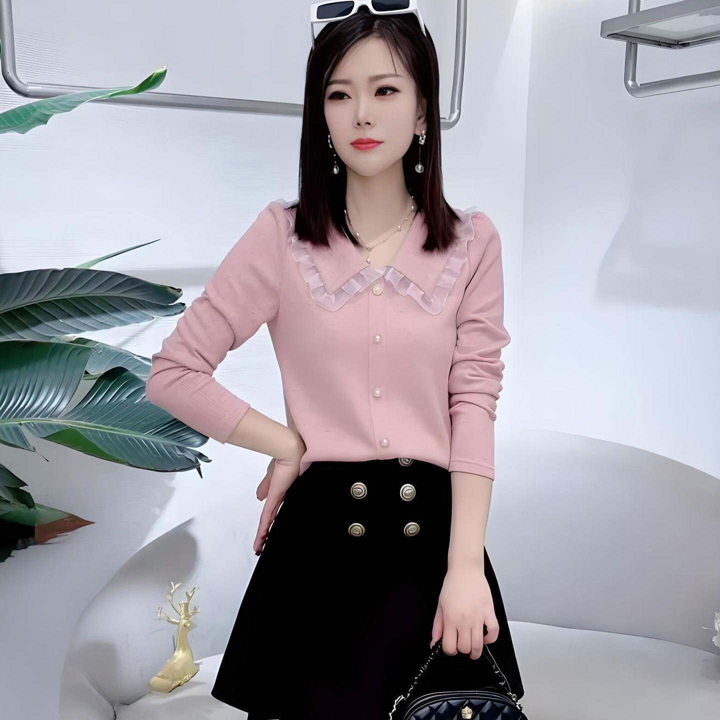 极速时尚加绒加厚T恤女士秋冬新款拼接蕾丝娃娃领打底衫气质显瘦