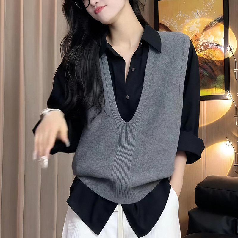 极速长袖黑色衬衫针织马甲背心套装女秋冬新款季高级感超好看轻奢