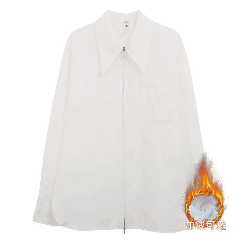 推荐白色加绒尖领衬衫女秋