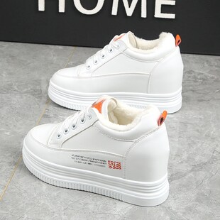 秋冬新款厚底内增高8cm小个子加绒小白鞋女棉鞋女松X糕系带单鞋女