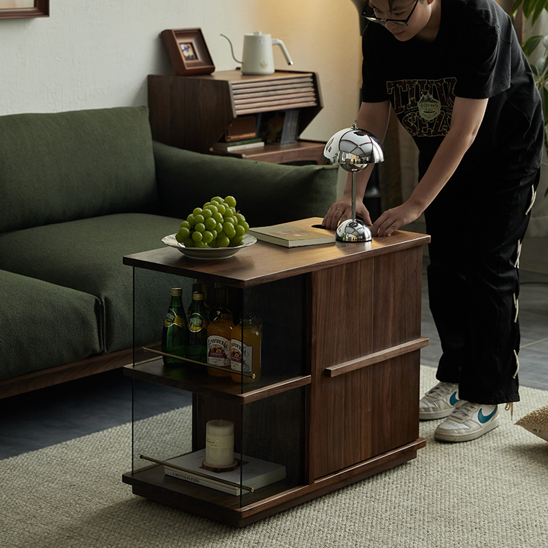 置物架小推车家用茶台可移动小茶几黑胡桃沙发边几边柜实木茶水柜