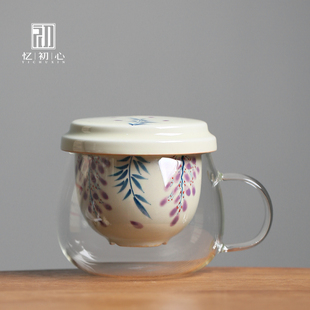 手绘釉下彩泡g茶杯陶瓷办公室马克杯水杯玻璃内胆带盖带过滤茶杯