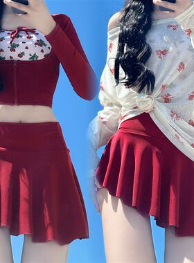 Summer爆款法式少女草t莓印花分体裙式泳衣女可爱甜美显瘦度假泳