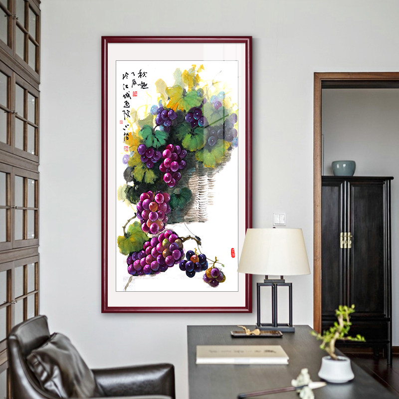 国画紫气东来竖版玄关画现代中式客厅装饰画葡萄挂画饭厅走廊壁画