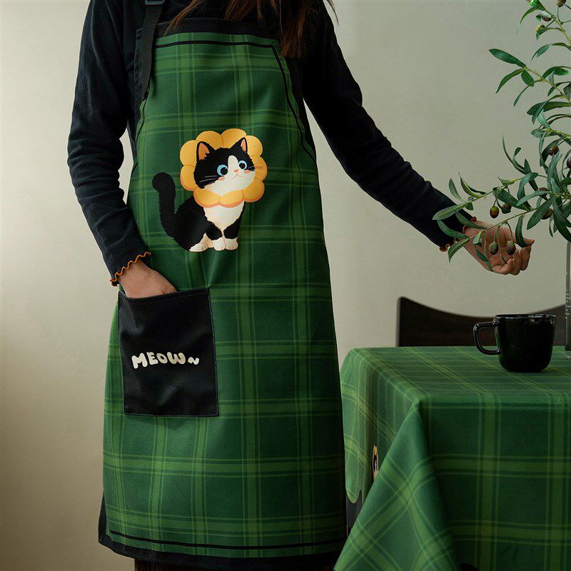 英伦小猫绒布围裙家用厨房做饭防水防油污渍工作服男女挂脖围腰