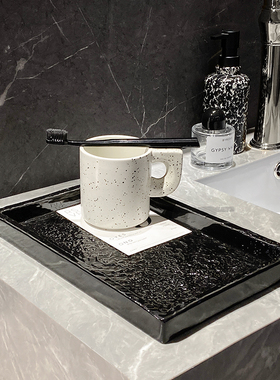 陶瓷托盘高级感茶盘客厅家用酒店浴E室长方形水杯牙具放置茶几摆