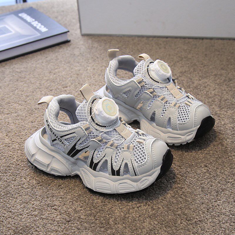 男童鞋子包头运动风凉鞋旋转扣2025春夏儿童白色网鞋镂空单网透气