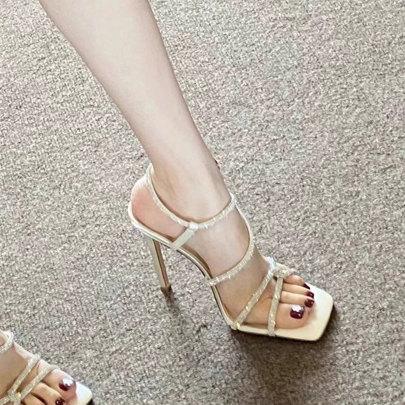 一字带细跟凉鞋女2024年夏季新款设计感方头交叉带露趾水钻高跟鞋,女鞋,一字带凉鞋,淘宝优惠券,粉丝福利购,淘宝优惠卷
