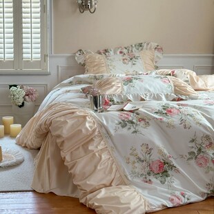 田园花卉褶皱花n边公主风全棉四件套纯棉被套床单1.8m床裙床 法式