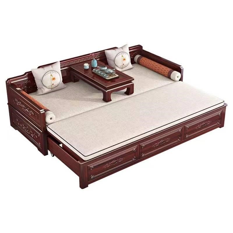 新中式酸枝木红木小户型罗汉床推拉伸G缩实木沙发床冬夏两用罗汉