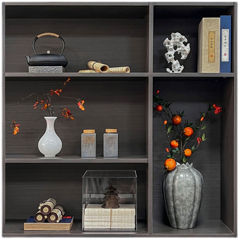 新中式书柜搭配装饰侘寂风样板间博古架软装摆设柜子陈列书房摆件