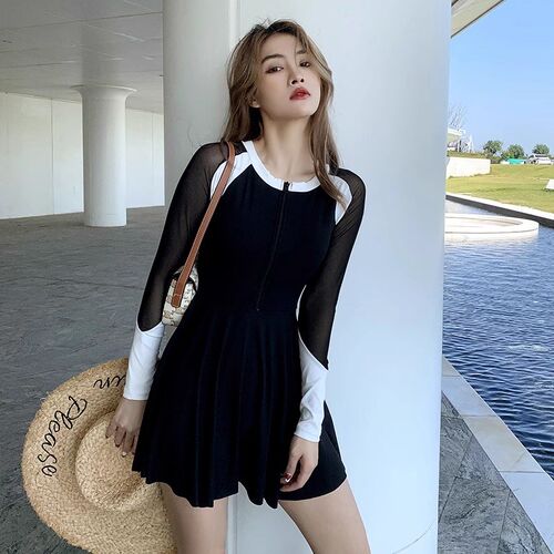 游泳衣女连体保守大码胖mm长x袖连体微胖遮肉显瘦温泉新款绝美海