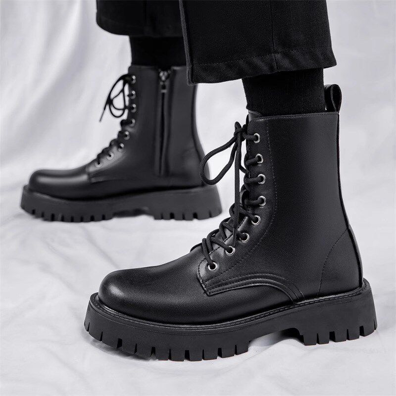 马丁靴男式夏季新款八孔拉链款英伦风长筒透气高帮皮鞋工装机车靴