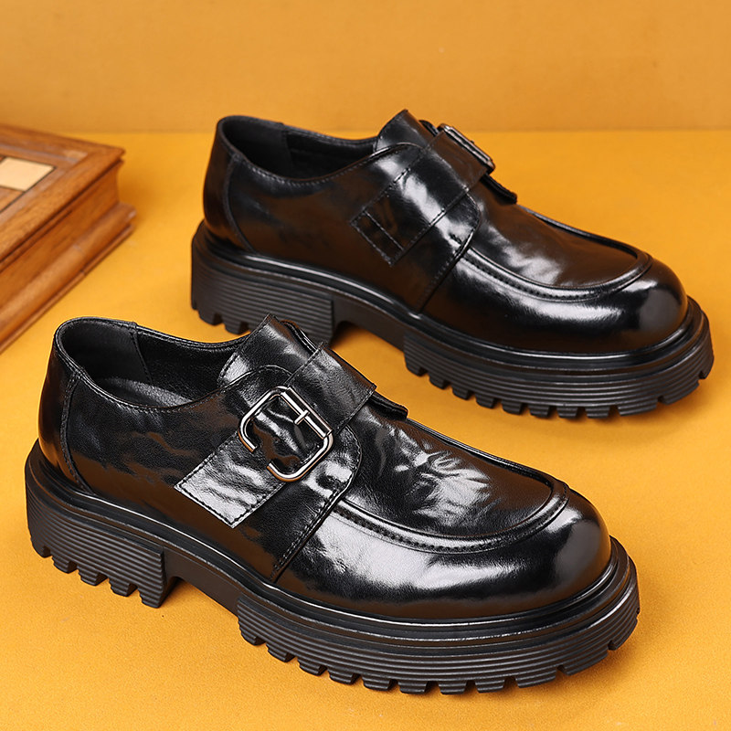 休闲皮鞋男冬季一脚蹬增高黑色厚底圆头男士商务年轻人2024新款
