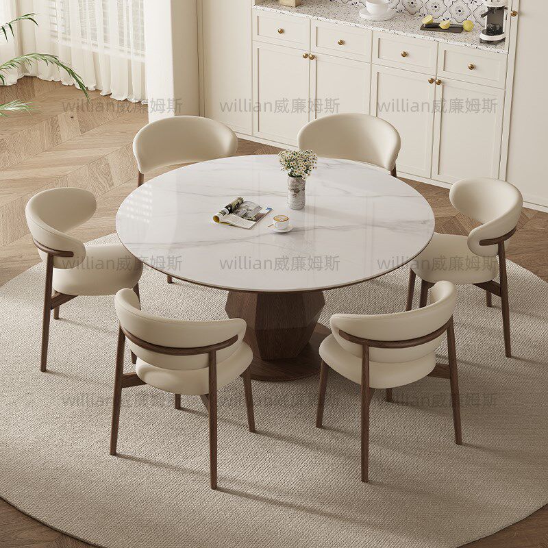 中古风实木圆形餐桌带转盘家用圆桌胡桃木色侘寂风实木岩板圆桌