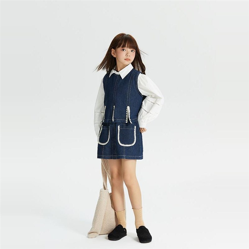 女童撞色贝壳绣牛仔套装2025秋装新款休闲中大童马甲短裙两件套潮