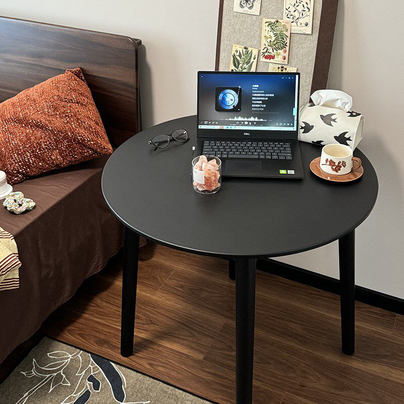 黑色简约实木吃饭圆桌子家用小户型餐厅餐桌椅中古接待洽谈咖啡桌